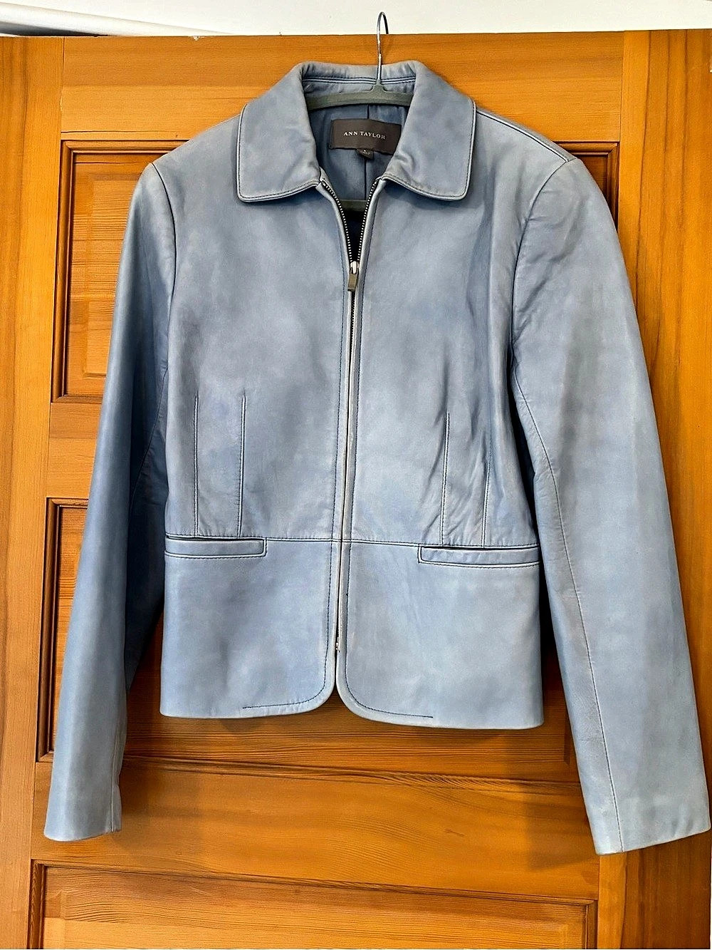 Ann Taylor Leather Jacket in Blue Size Small